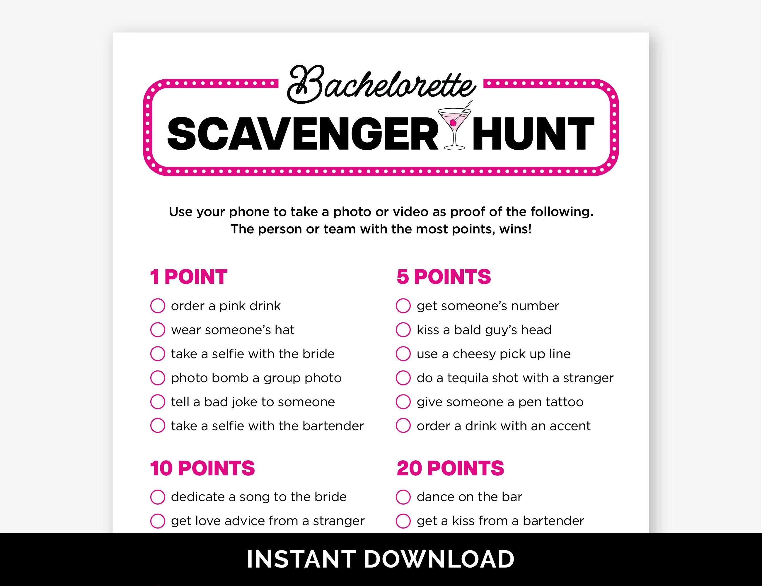 Bachelorette Scavenger Hunt, Printable Bar Game for a Bachelorette