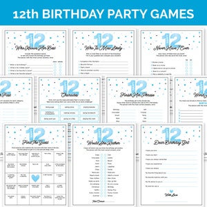 Blue 12th Birthday Party Games, Printable Birthday Games Bundle with Birthday Girl Trivia, Tween Activities for a 12-Year-Old Girls Birthday