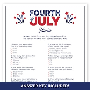 Fourth of July Trivia Game, Printable Quiz with Answers for a 4th of July or Independence Day Party, American Trivia Game for Kids & Adults