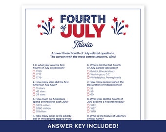 Fourth of July Trivia Game, Printable Quiz with Answers for a 4th of July or Independence Day Party, American Trivia Game for Kids & Adults