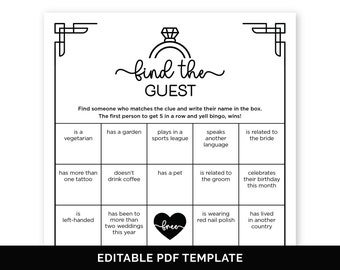 Könnte beinhalten: Schwarze und weiße druckbare Bingokarte mit dem Text "find the guest" und einem Ring-Symbol. Die Karte hat 25 Felder mit verschiedenen Aufforderungen für Gäste, um sich bei einer Hochzeit gegenseitig zu finden.