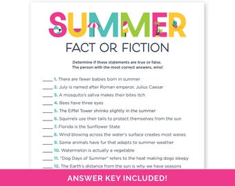 Summer Fact or Fiction Game, Summer Quiz for a Pool Party, True or False Game for a Summer Birthday, Summer Trivia Game for a Beach Party.