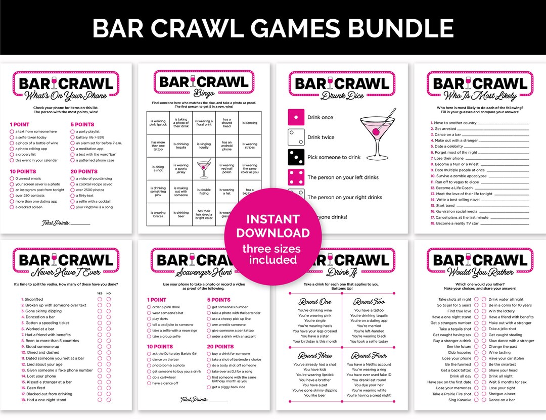 Bar Crawl Games Bundle, Printable Bar Hopping Games for a Birthday Bar