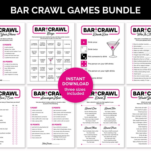 Bar Crawl Spiele Bundle, druckbare Bar Hopping Spiele für eine Geburtstags Bar Crawl, mit Finde jemanden der Bingo, Schnitzeljagden & Trinkspiele