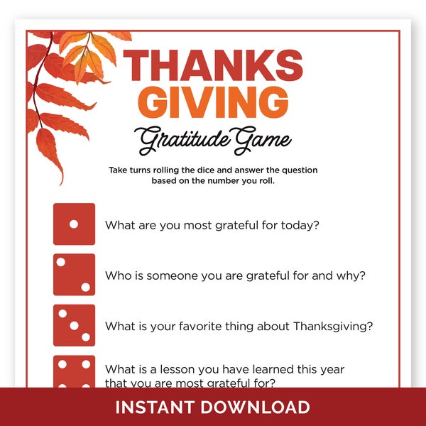 Thanksgiving Gratitude Dice Game, Printable Roll and Share Thanksgiving Party Game, Thanksgiving Conversation Starters for Adults and Kids.