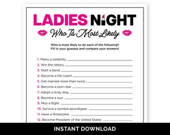 Ladies Night Who Is Most Likely Game, Girls Trip Nominations, Icebreaker Game for a Ladies Night, Girls Night Superlatives Game for Adults.