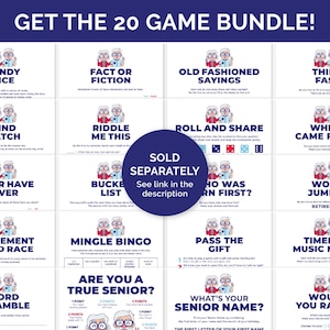 May include: A game bundle with 20 different games, each with a unique title and instructions. The games include "Candy Dice", "Fact or Fiction", "Old Fashioned Sayings", and "Think Fast". The bundle is designed for seniors.