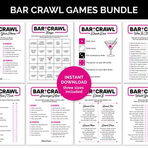 Paquete de juegos de Bar Crawl, juegos imprimibles de Bar Hop-On para un Bar Crawl de cumpleaños, con bingo Find Someone Who, búsquedas del tesoro y juegos de beber