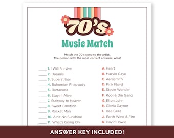 70's Music Match, Music Trivia Game for a 70's Theme Party, 1970's Music Matching Quiz for a Groovy Disco Party, 50th Birthday Party Game.