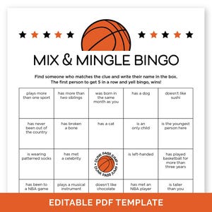 Mix et bingo de basket-ball modifiables, jeu de consolidation d'équipe de basket-ball, bingo à trouver quelqu'un, jeu brise-glace d'anniversaire de basket-ball.