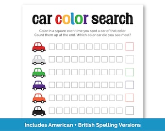 Counting Coloured Cars Printable, Road Trip Game for Kids, Car Scavenger Hunt, Kids Travel Game for Family Road Trip, Long Car Ride Activity