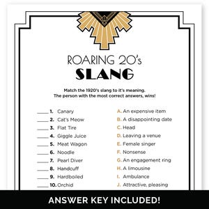 May include: A black and white game card with the text "ROARING 20's SLANG". The card features a matching game with slang terms and their meanings. The answer key is included. The top of the card has a gold art deco design.