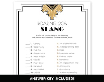 Juego de jerga de los años 20, cuestionario para una fiesta de los locos años 20, trivia de los años 20 para un cumpleaños número 100 o una fiesta de El Gran Gatsby, juego de combinación de jerga de los años Flapper.