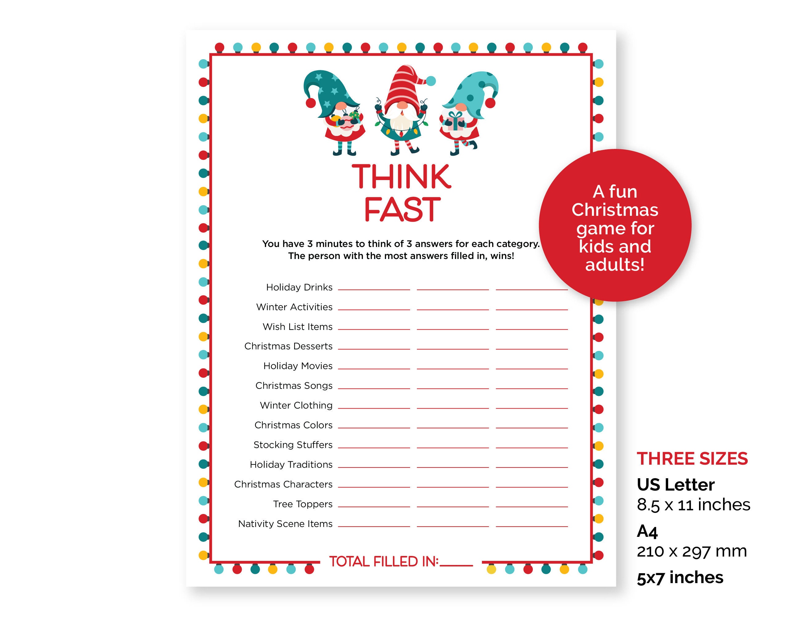 Christmas Think Fast Printable Game Instant Download for 