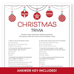Christmas Trivia Game, Printable Holiday Trivia Questions with Answers, Christmas Quiz for a Work Holiday Party, Family Christmas Party Game