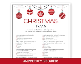 Weihnachts-Trivia-Spiel, druckbare Urlaub-Trivia-Fragen mit Antworten, Weihnachtsquiz für eine Arbeits-Urlaubsparty, Familien-Weihnachtsfeier-Spiel