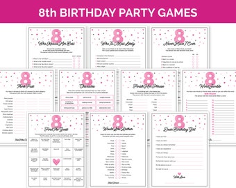 8th Birthday Party Games, Printable Eighth Birthday Game Bundle with Birthday Girl Trivia, Tween Activities for an 8-Year-Old Girls Birthday