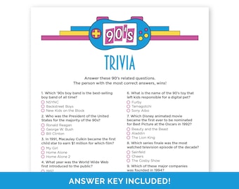90s Trivia Game, Printable Quiz with Answers for an 1990s Theme Party, Fun Trivia Game for a Back to The 90s Party, 30th Birthday Party Game