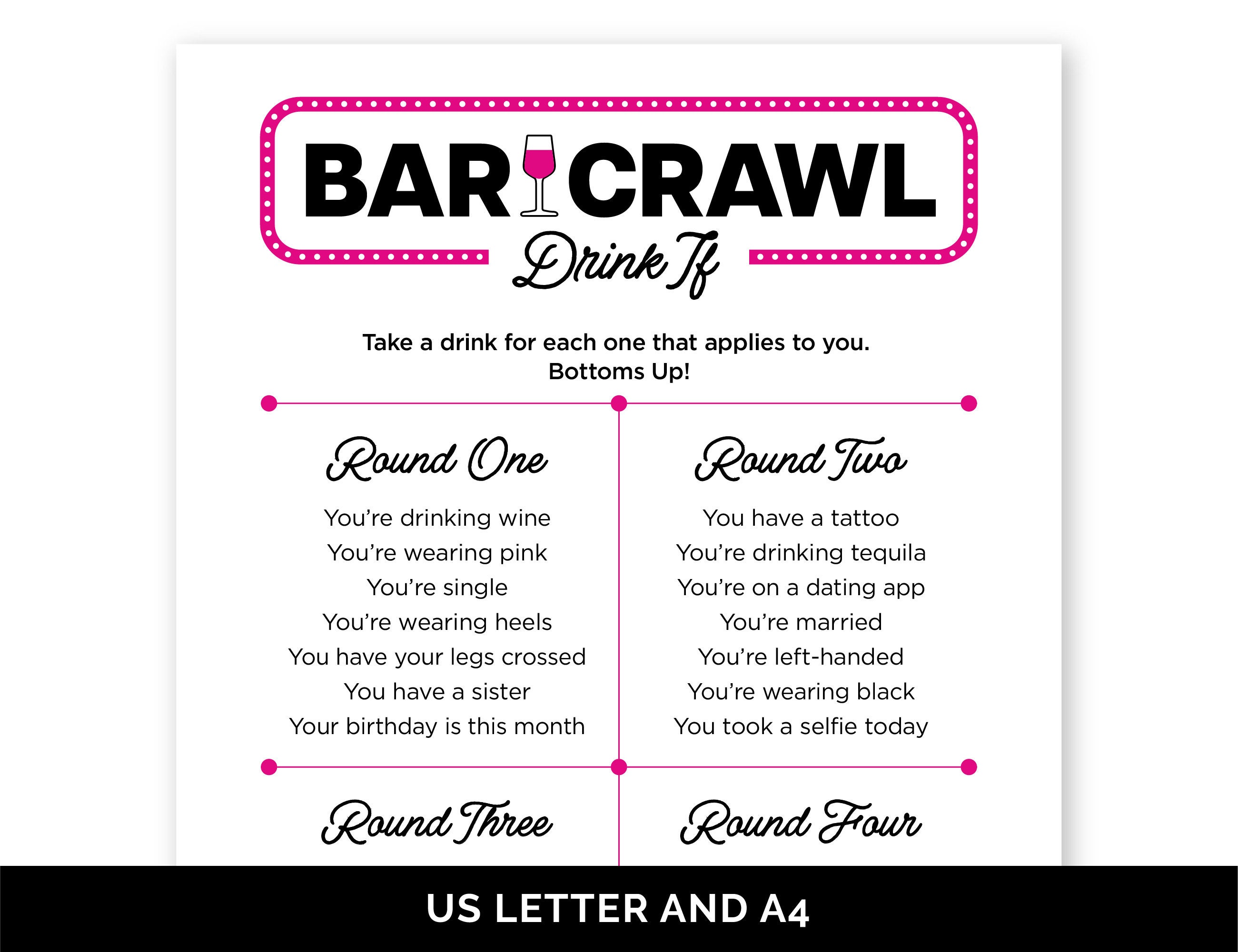 Bar Crawl Drink If Game, Printable Drinking Game for a Birthday Bar ...