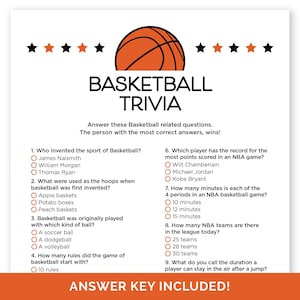 Basketball Trivia Game, Printable Quiz with Answers for a Basketball Party, Travel Basketball Team Building Game, Basketball Birthday Game.