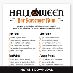 Halloween Bar Scavenger Hunt, Printable Halloween Bar Game for Adults, Photo Scavenger Hunt for a Halloween Costume Party or Halloween Bach