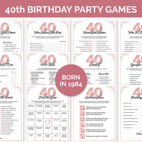 40th Birthday Games for Women, Printable Fortieth Birthday Party Games Bundle for a Woman Born in 1984, Fun Games for Celebrating Turning 40