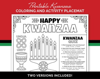 Kwanzaa Kids Coloring and Activities Page, Printable Kids Activity Placemat for a Kwanzaa Celebration, or a Kids Kwanzaa Classroom Party.