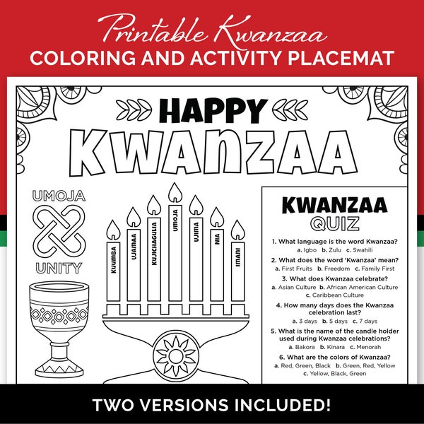 Kwanzaa Kids Coloring and Activities Page, Printable Kids Activity Placemat for a Kwanzaa Celebration, or a Kids Kwanzaa Classroom Party.