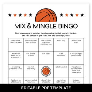 Editable Basketball Mix & Mingle Bingo, Basketball Team Building Game, Find Someone Who Human Bingo, Basketball Birthday Icebreaker Game.