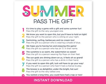 Summer Pass The Gift, Pass The Present Game for a Beach Party, Pass The Prize Activity for a Summer Birthday, Pool Party Pass The Poem Game.