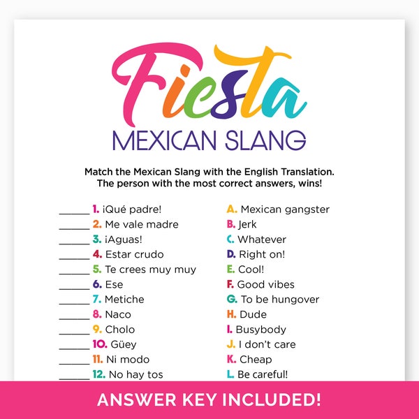 Fiesta Mexican Slang Game, Jeu-questionnaire imprimable pour un anniversaire Fiesta, Fiesta mexicaine, Taco Party, Fiesta Bridal Shower, Quiz de mots mexicains