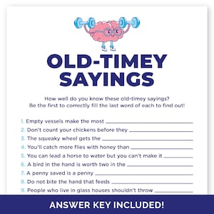 Può includere: Un foglio di carta bianco con il titolo "OLD-TIMEY SAYINGS" in blu, con un cervello dei cartoni animati che solleva pesi. La carta include frasi da completare e il testo "ANSWER KEY INCLUDED!"