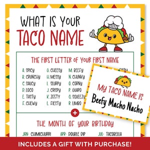 Qual é o seu jogo de nome de taco, um jogo para impressão para Cinco De Mayo, uma festa mexicana, terça-feira de taco ou festa de três esta. Para adultos e crianças