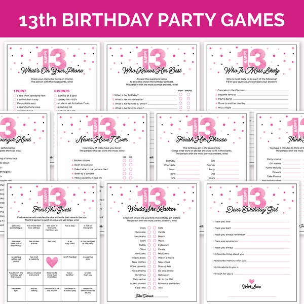 13th Birthday Party Games, Printable Thirteenth Birthday Game Bundle with Birthday Girl Trivia Games, Teen and Tween Girl Party Activities