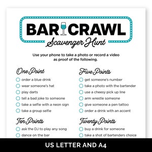 Bar Crawl Scavenger Hunt, Printable Bar Scavenger Hunt for Adults, Bar Hopping Game for a Birthday Bar Crawl, Ladies Night Bar Crawl Game.