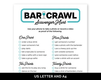 Bar Crawl Scavenger Hunt, Printable Bar Scavenger Hunt for Adults, Bar Hopping Game for a Birthday Bar Crawl, Ladies Night Bar Crawl Game.