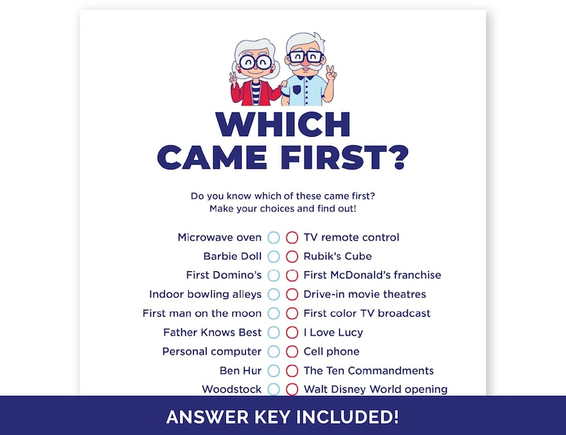 May include: A white card game with the title "WHICH CAME FIRST?" in blue. The game includes a list of items and events, such as "Microwave oven" and "TV remote control", with an "ANSWER KEY INCLUDED!" at the bottom.