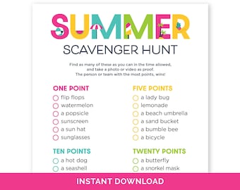 Summer Photo Scavenger Hunt, Summer Party Game, Scavenger Hunt for a Summer Birthday, Fun Beach Day Game, Summer Vacation Outdoor Activity.