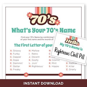 ¿Cuál es tu juego de nombres de los años 70? Juego de fiesta Groovy de los años 70 imprimible para adultos y niños, juego generador de nombres con etiquetas de nombres para una fiesta temática retro de los años 70
