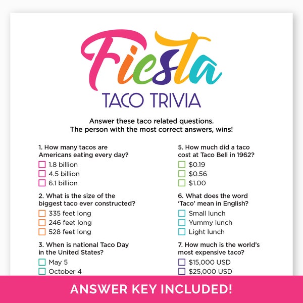 Fiesta Taco Trivia Game, Printable Trivia Game for a Taco Party, Final Fiesta, Mexican Fiesta, or Cinco de Mayo party, Taco Tuesday Quiz