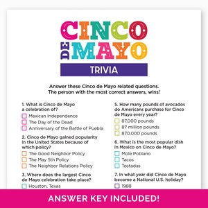 Cinco De Mayo Trivia Game, Printable Quiz with Answers for a Mexican Fiesta or, Cinco de Mayo Party, Fun Game for Office or Classroom Party