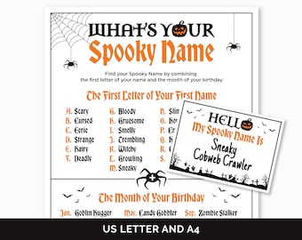 Halloween Name Game, Printable What's Your Spooky Name Game for a Halloween Party, Halloween Name Generator with Name Tags for Kids & Adults