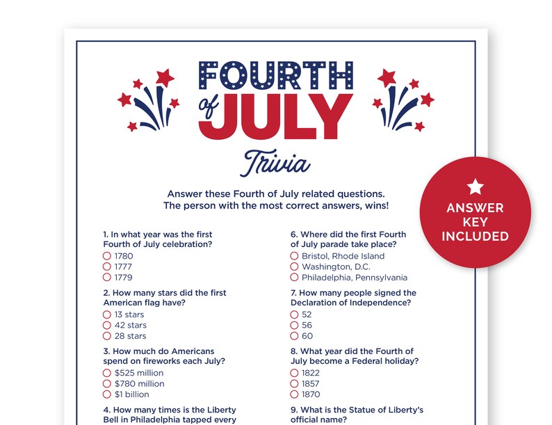 Fourth Of July Trivia Game Printable Quiz With Answers For A Etsy Fourth Of July Trivia Game Printable Quiz With Answers For A Etsy