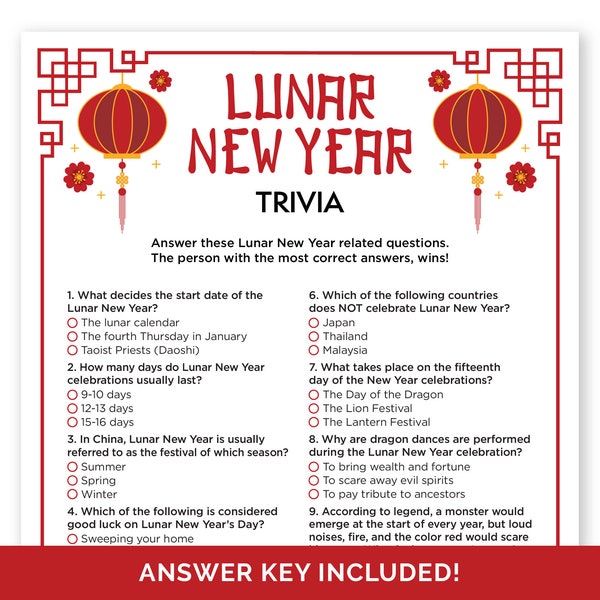 Lunar New Year Trivia Game, Printable Quiz for a Family or Classroom Lunar New Year Party, Year of the Dragon Activity for Adults and Kids