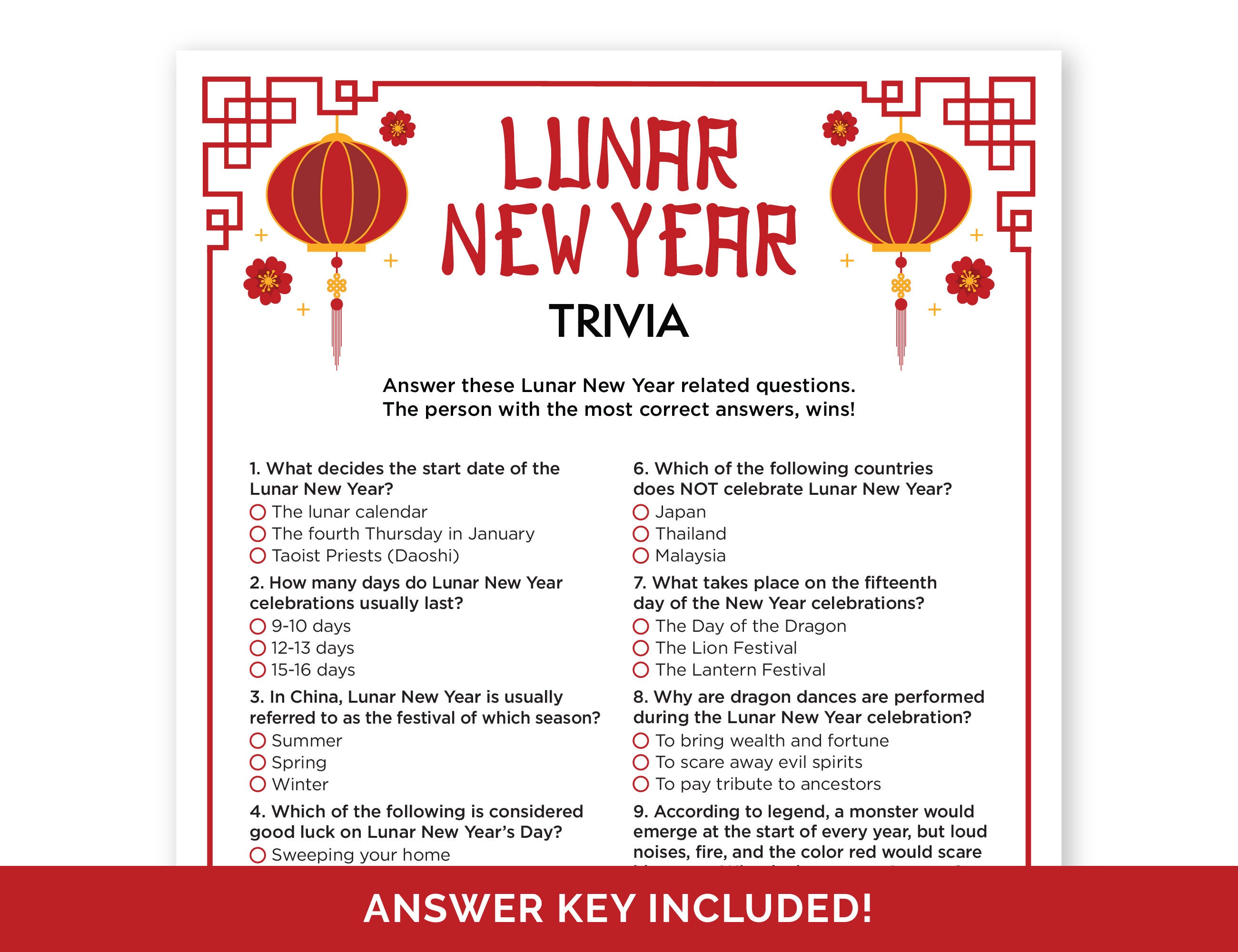 Lunar New Year Trivia Game, Printable Quiz for a Family or Classroom