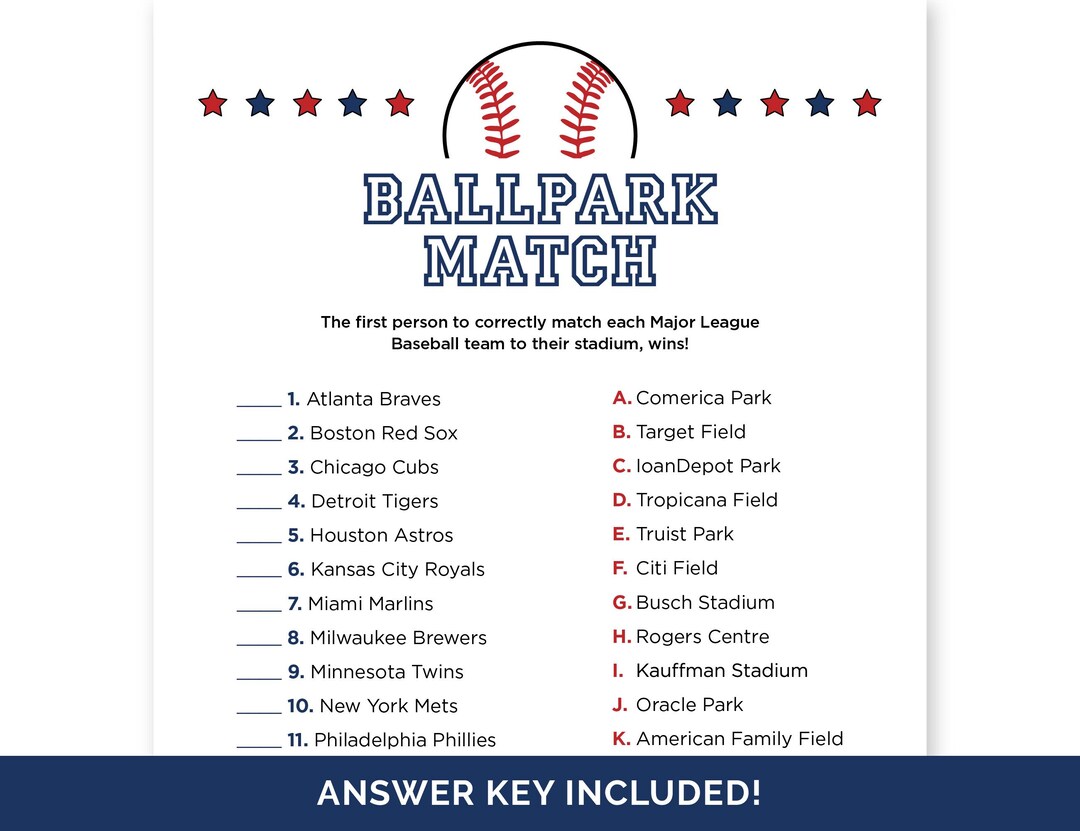 Ballpark Match Game, Matching Game for a Baseball Team Party, Baseball ...