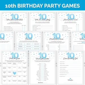 Blue 10th Birthday Party Games, Printable Tenth Birthday Games with Birthday Girl Trivia, Tween Activities for a 10-Year-Old Girls Birthday.