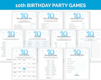 Blue 10th Birthday Party Games, Printable Tenth Birthday Games with Birthday Girl Trivia, Tween Activities for a 10-Year-Old Girls Birthday.
