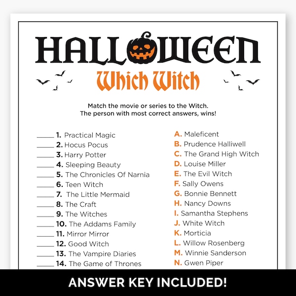 Halloween Which Witch Game, Printable Witches Trivia Game for a Halloween Party, Halloween Witch Matching Game for Adults, Teens and Kids.