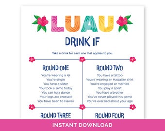 Luau Drink If Game, Fun Drinking Game for a Tiki Party, Hawaiian Drink Up Game for Adults, Tropical Birthday Game, Aloha Summer Party Game.